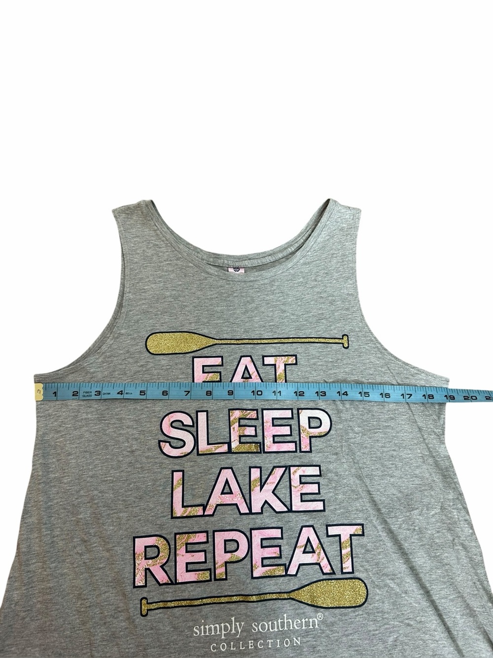 ♥️ Simply Southern Grey Eat Sleep Lake Repeat Sleeveless Tank Women’s Sz Large - Picture 6 of 7